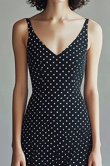 A-linje Spaghetti Stropper Svart Hvit V-hals Polka Dots Kjole